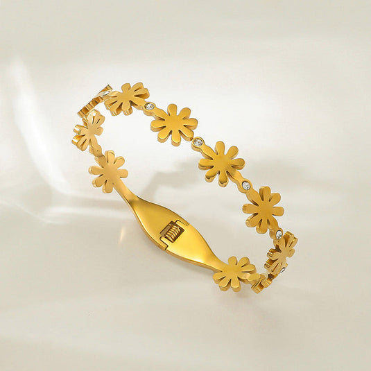 Gold Plated Stainless Steel Floral Themed Anti Tarnish Bangle Style Bracelet