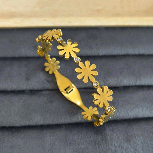 Gold Plated Stainless Steel Floral Themed Anti Tarnish Bangle Style Bracelet