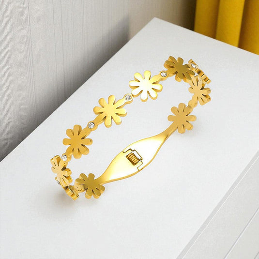 Gold Plated Stainless Steel Floral Themed Anti Tarnish Bangle Style Bracelet