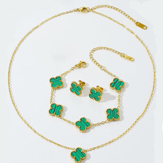 Stainless Steel Gold Plated Set Of Green Anti Tarnish Clover Jewellery Set For Girls And Women