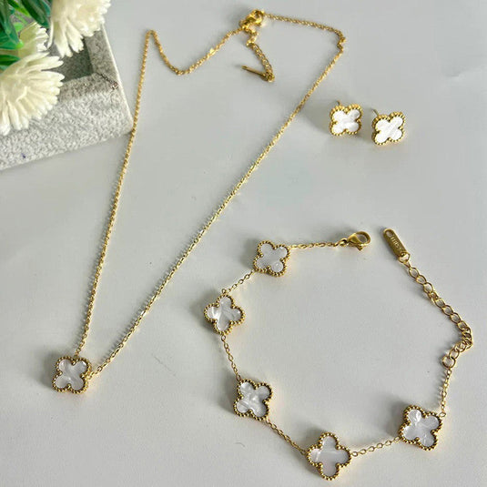 Stainless Steel Gold Plated Set Of White Anti Tarnish Clover Jewellery Set For Girls And Women